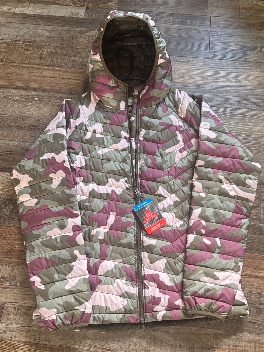 Columbia size Large Women's Hooded Puffer Jacket - Pink & Olive Camo